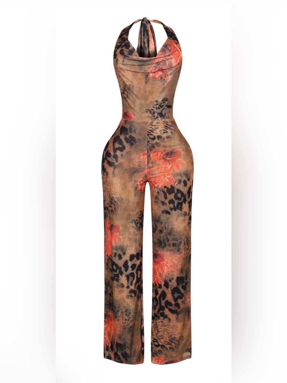 Halter Leopard Print Wide-Leg Jumpsuit in Brown with Red Accents